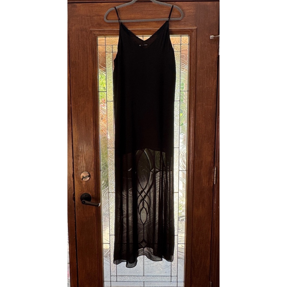 Krisa Womens Maxi Dress L Black Sheer Side Slit Flowy Minimalist Elegant